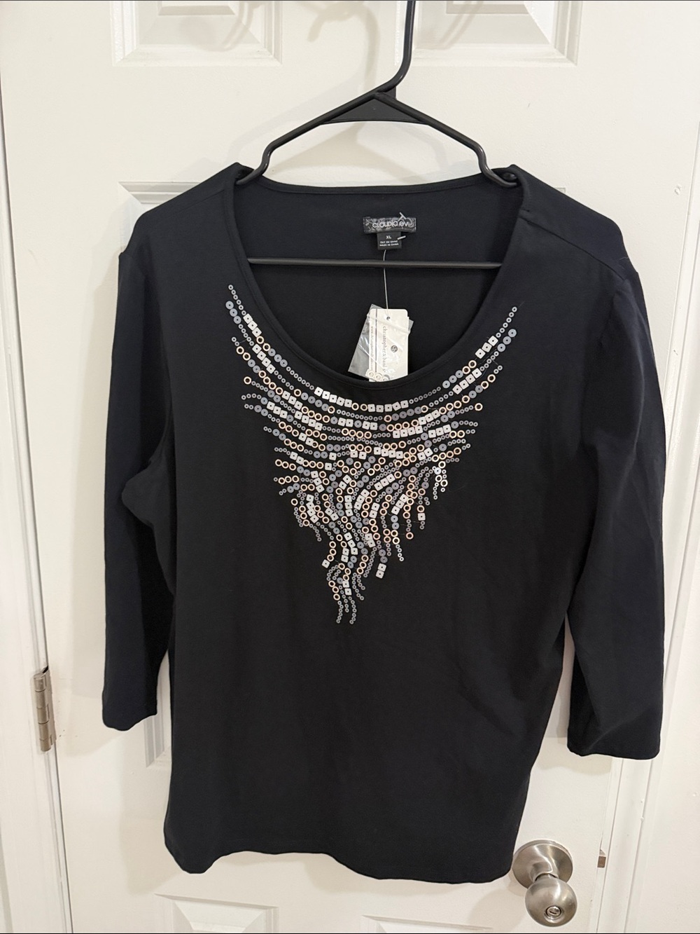Christopher & Banks Black 3/4 Sleeve Tee with Silver Sequin Accent Size XL NWT